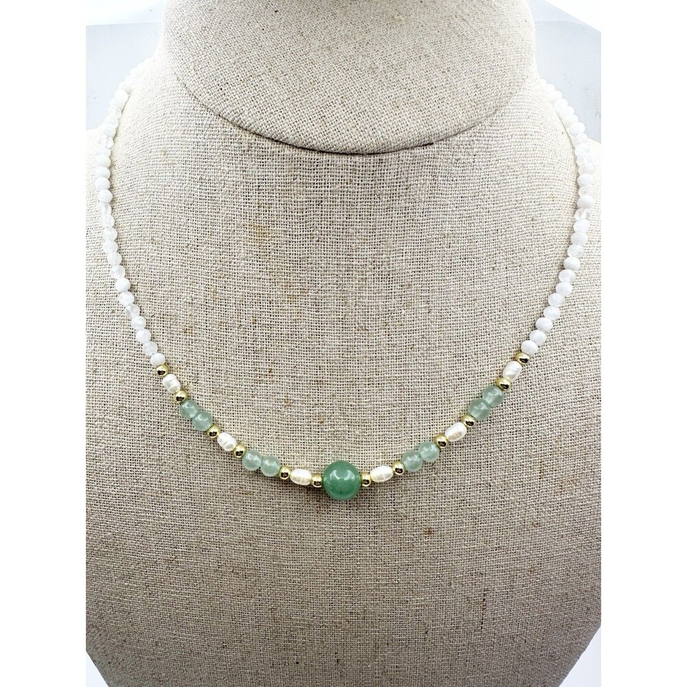 Natural Moonstone Freshwater Pearl Aventurine Jade Beaded Necklace 18”